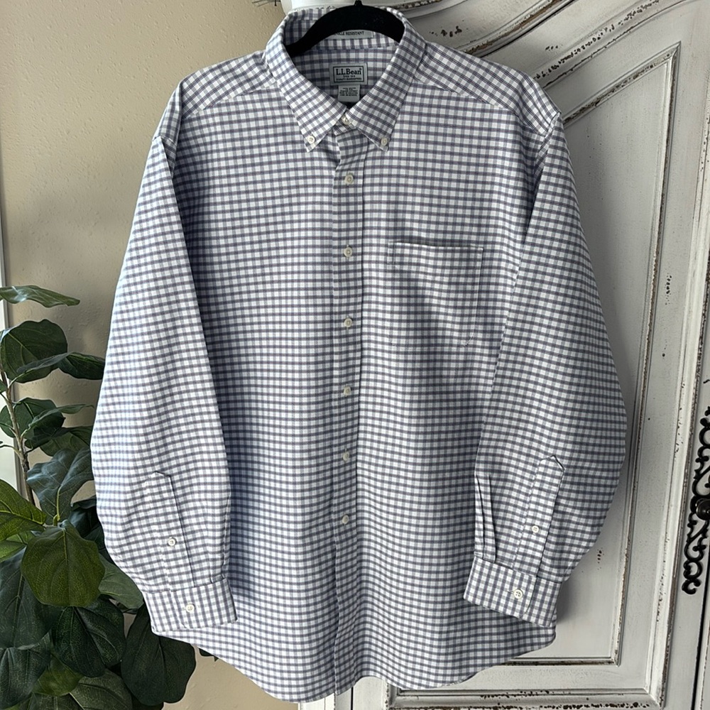 LL Bean Button Dress Shirt Mens 17 34 White Blue Plaid Wrinkle Resistant 237807